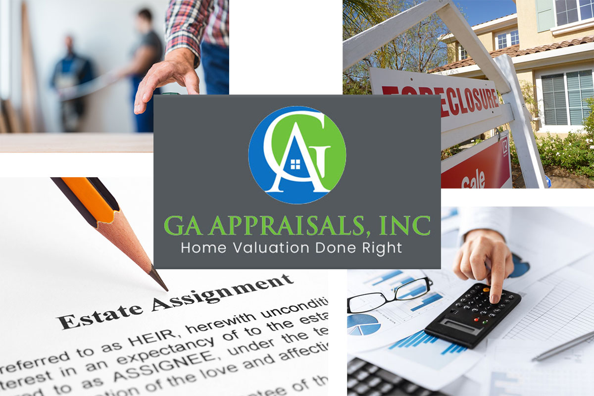 Collage of pictures of houses, and business people with GA Appraisals Logo over the pictures.
