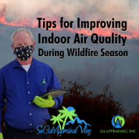 Indoor Air Quality Tips Appraiser With Mask and Fire on Mountain in Background