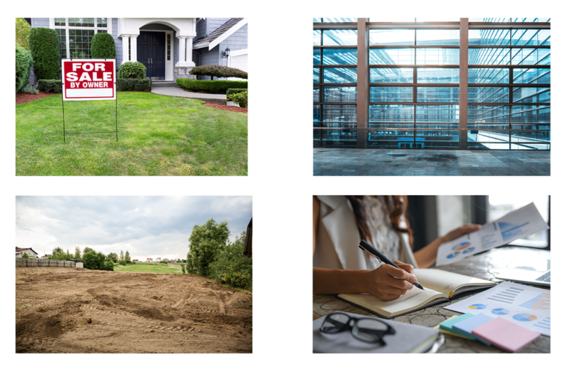 A collage of pictures, house for sale, office building, land, and a lady working at her desk