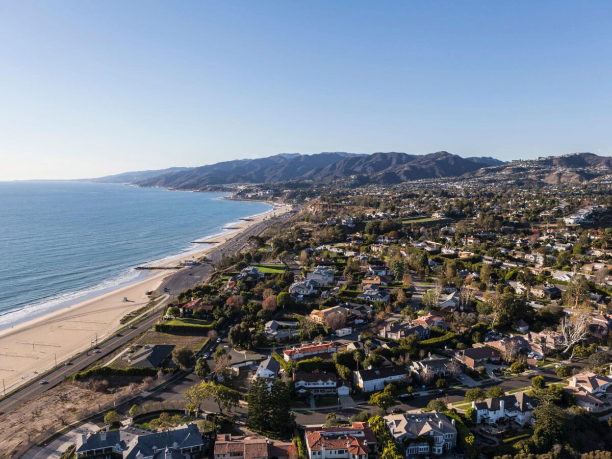 Ocean aerial view of Pacific Palisades.