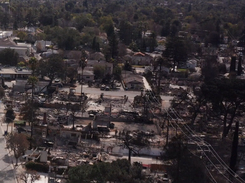 Burnt buildings and houses from the Eaton Fire along Lake Ave in Pasadena, California.