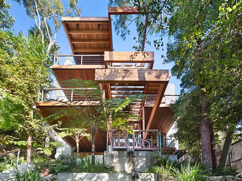 Exterior shot of the The Keller house before in burnt down in the Pacific Palisades Fire.